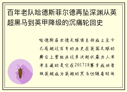 百年老队哈德斯菲尔德再坠深渊从英超黑马到英甲降级的沉痛轮回史 百年老队哈德斯菲尔德再坠深渊从英超黑马到英甲降级的沉痛轮回史